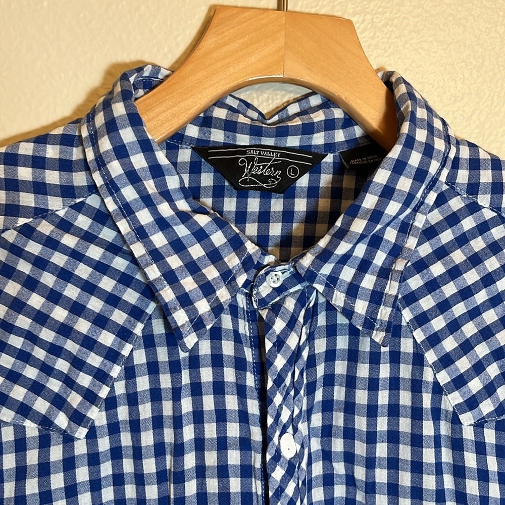 Salt Valley Western Blue Plaid Cotton Long Sleeve Button Shirt - Picture 2 of 10